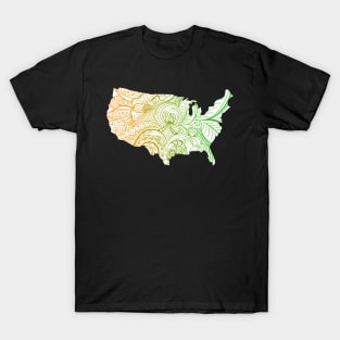 Colorful mandala art map of the United States of America in green and orange on white background T-Shirt